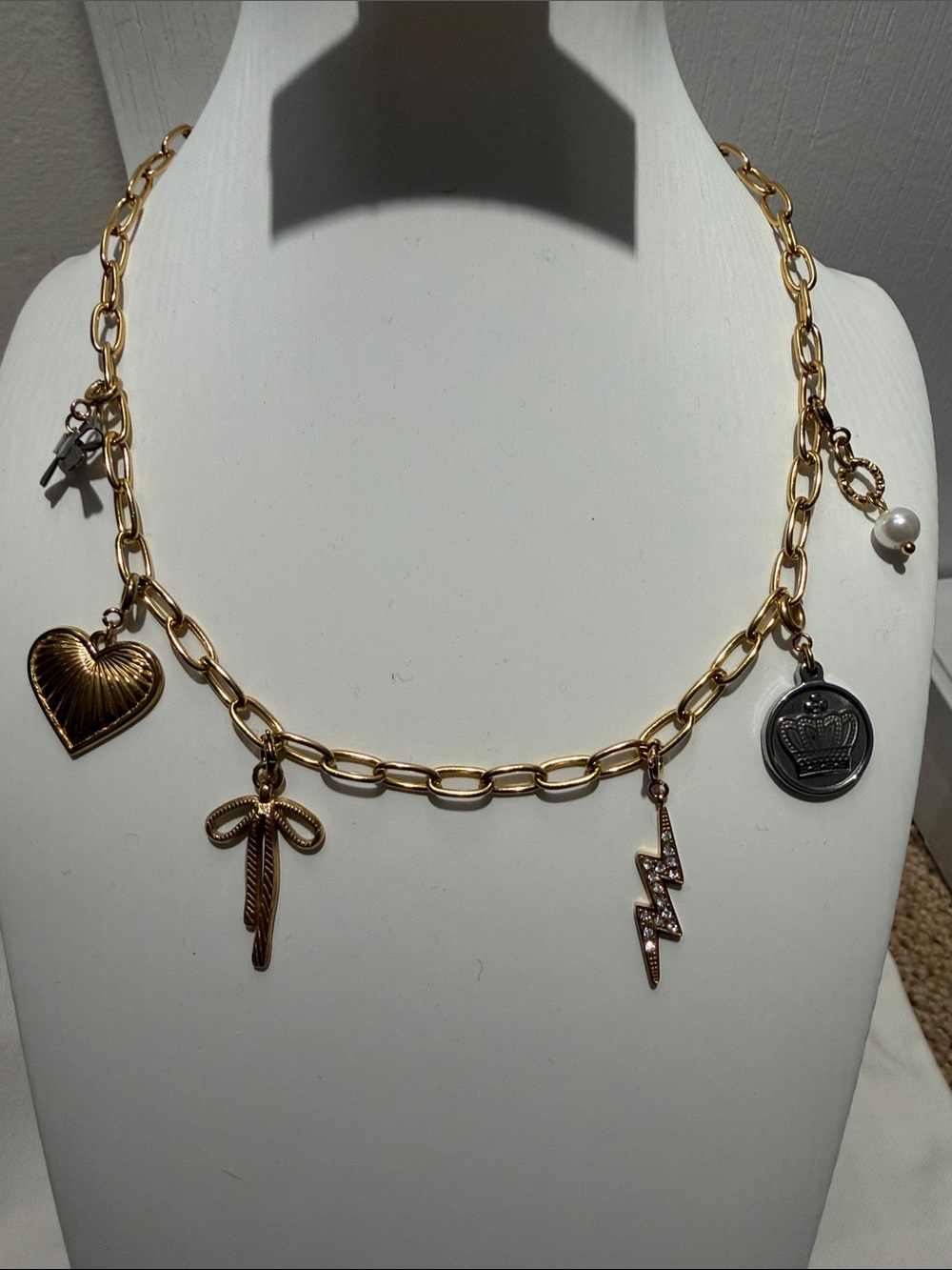 Plunder Gold-Tone Charm Link Necklace with Heart, Bow, Lightning & Coin